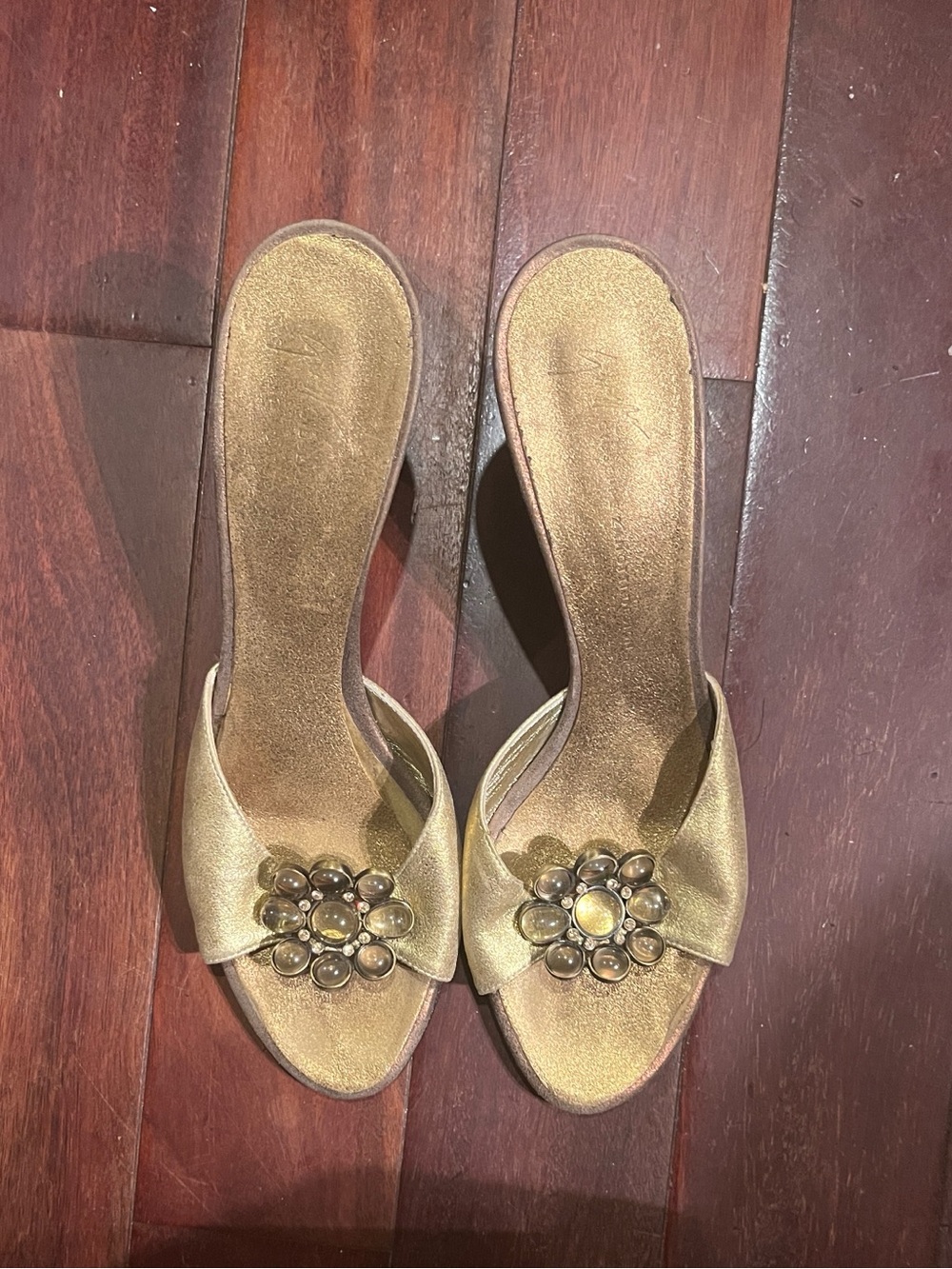 Metallic Gold Slide Heel Sandals with Floral Jewel Accent. Size 41.